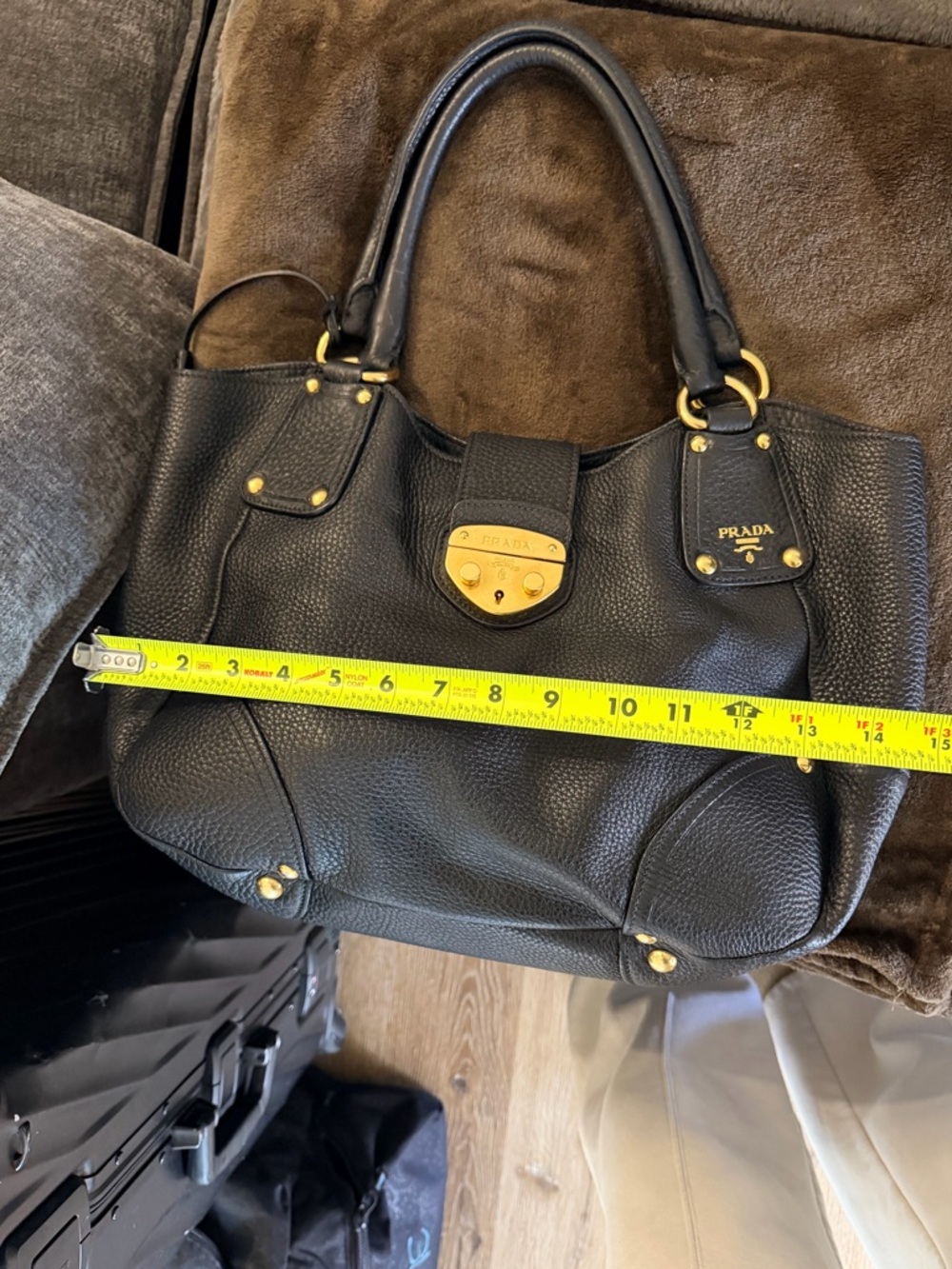 Prada Black Pebbled Leather Shoulder Bag with Gold-Tone Hardware - Picture 9 of 9